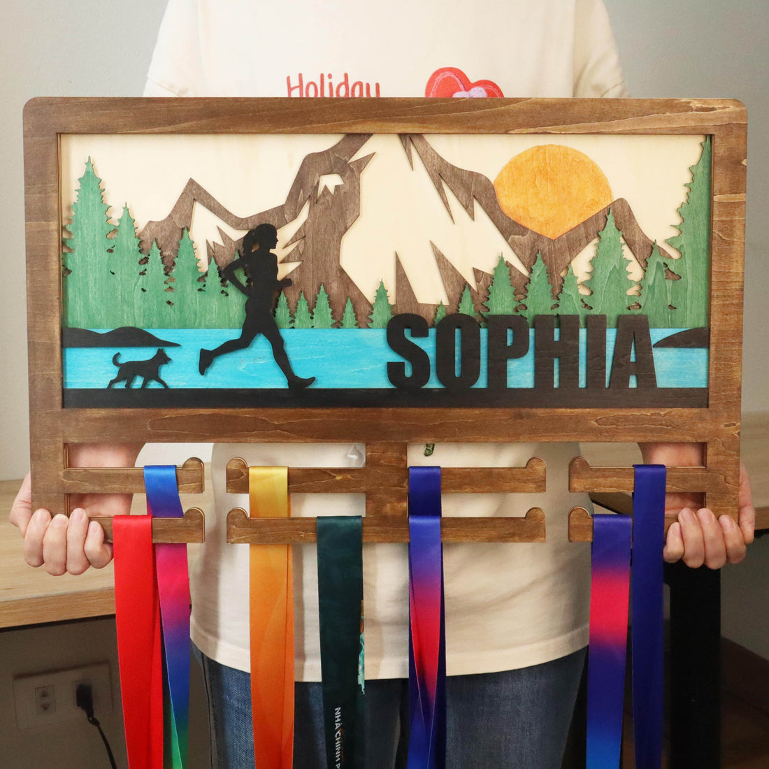 Wooden Running Medal Holder with Dog – Custom Name Display for Runners , ChampionHanger hiking gifts - Champion Hanger