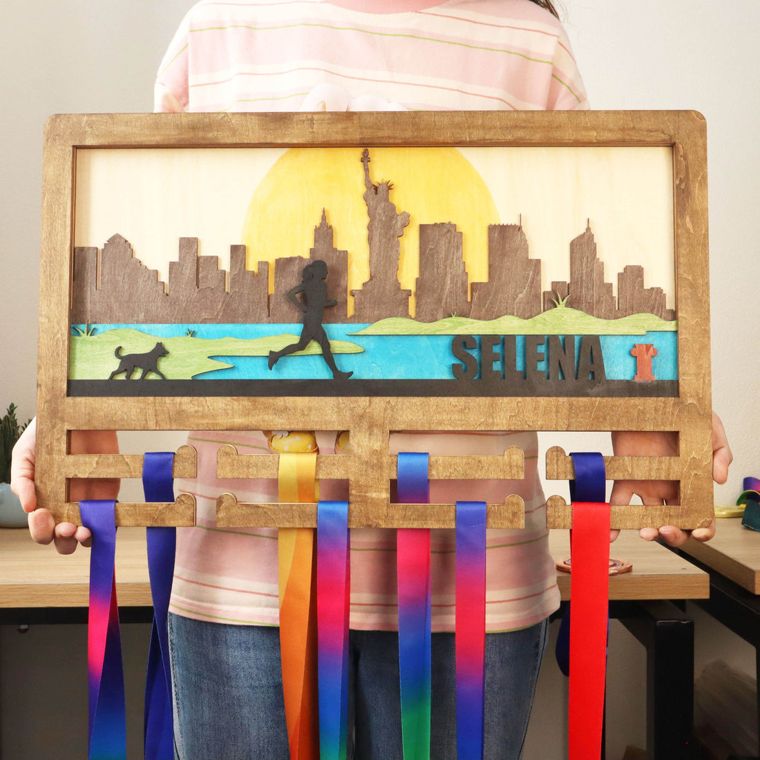 Wooden medal hanger Runner with dog – Custom Wooden Hanger , ChampionHanger running gifts - Champion Hanger