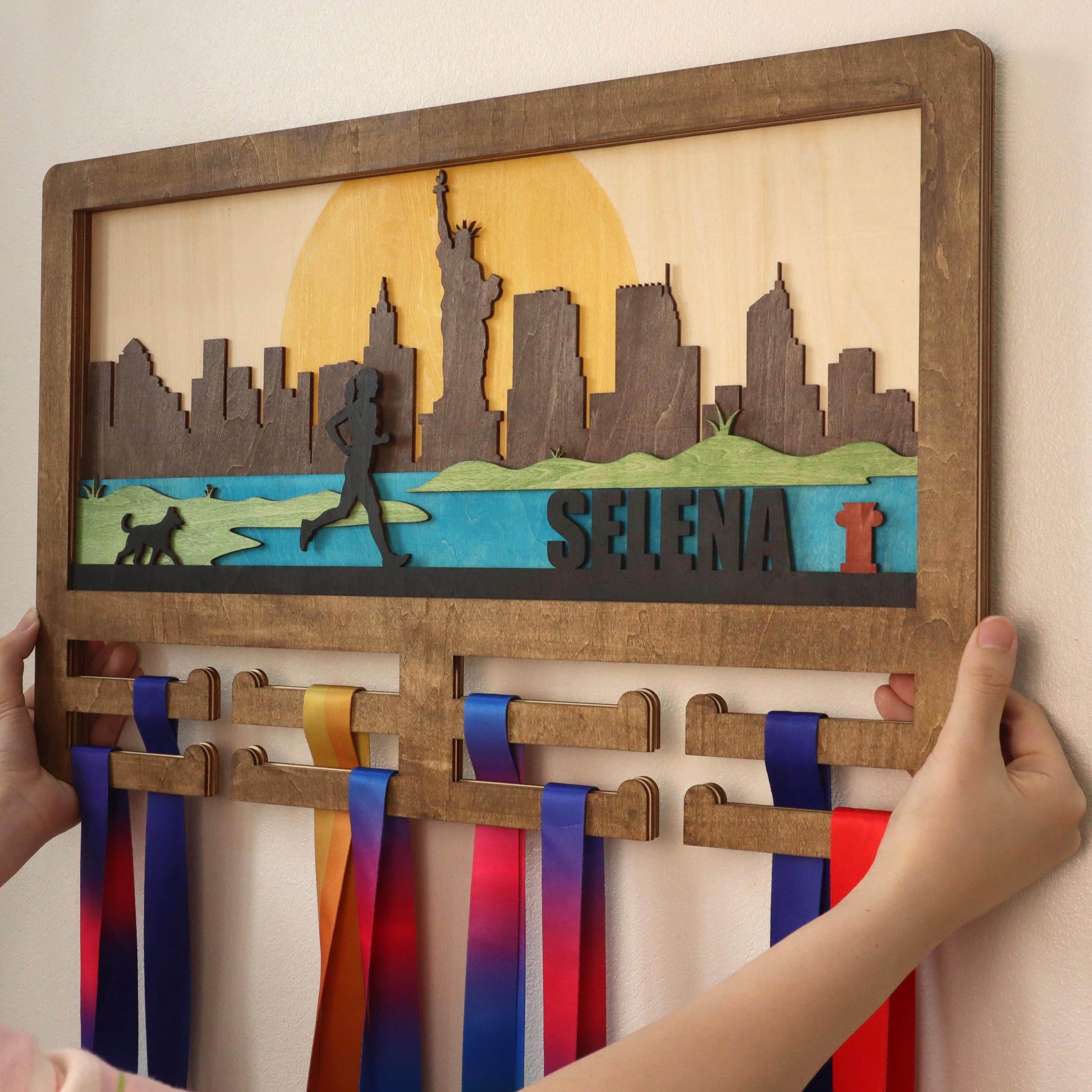 Wooden medal hanger Runner with dog – Custom Wooden Hanger , ChampionHanger running gifts - Champion Hanger