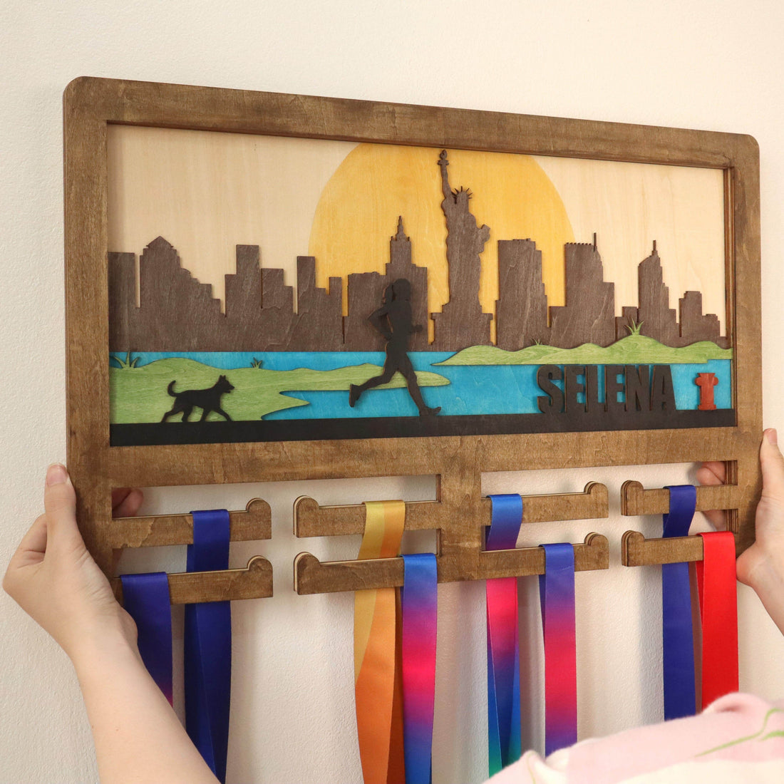 Wooden medal hanger Runner with dog – Custom Wooden Hanger , ChampionHanger running gifts - Champion Hanger
