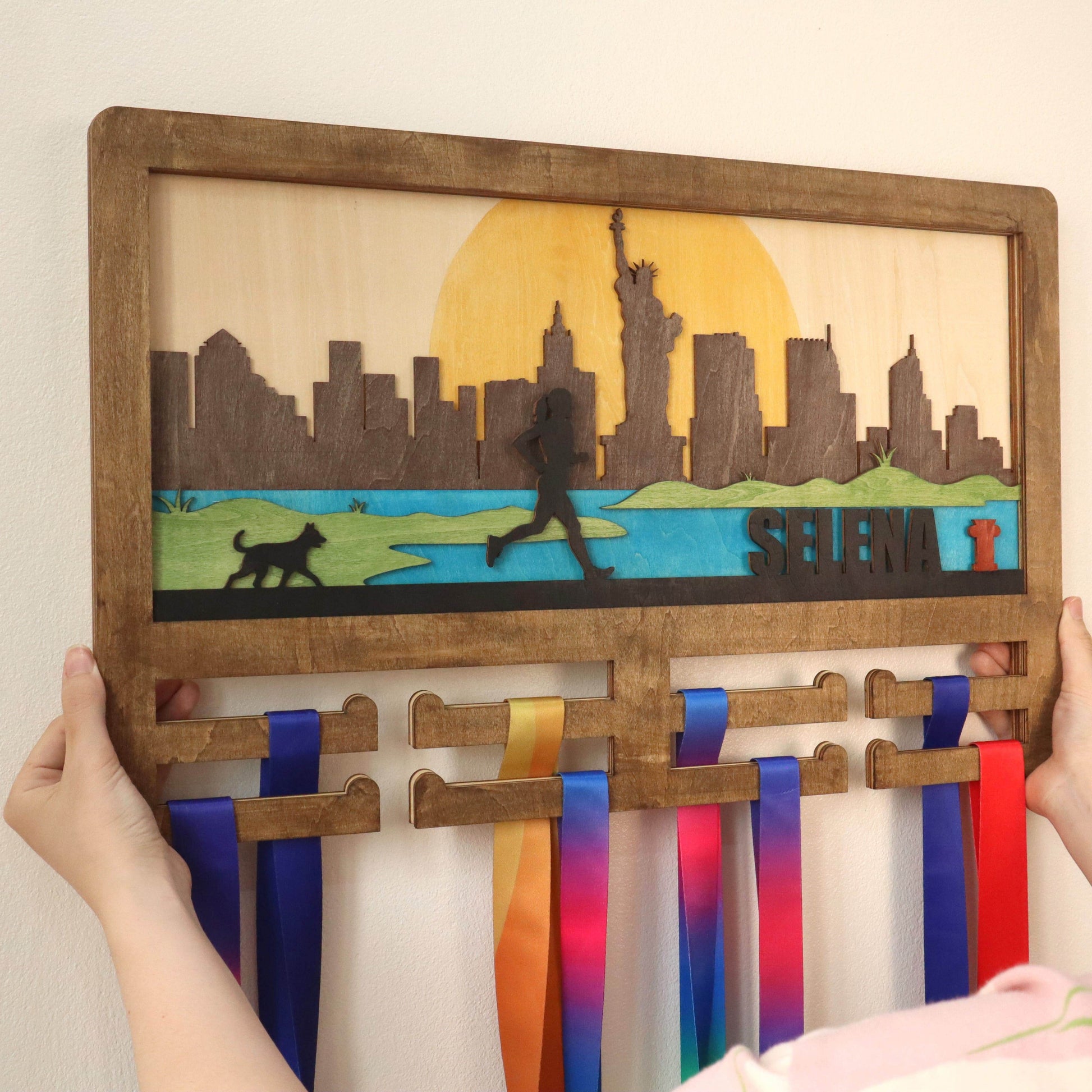 Wooden medal hanger Runner with dog – Custom Wooden Hanger , ChampionHanger running gifts - Champion Hanger