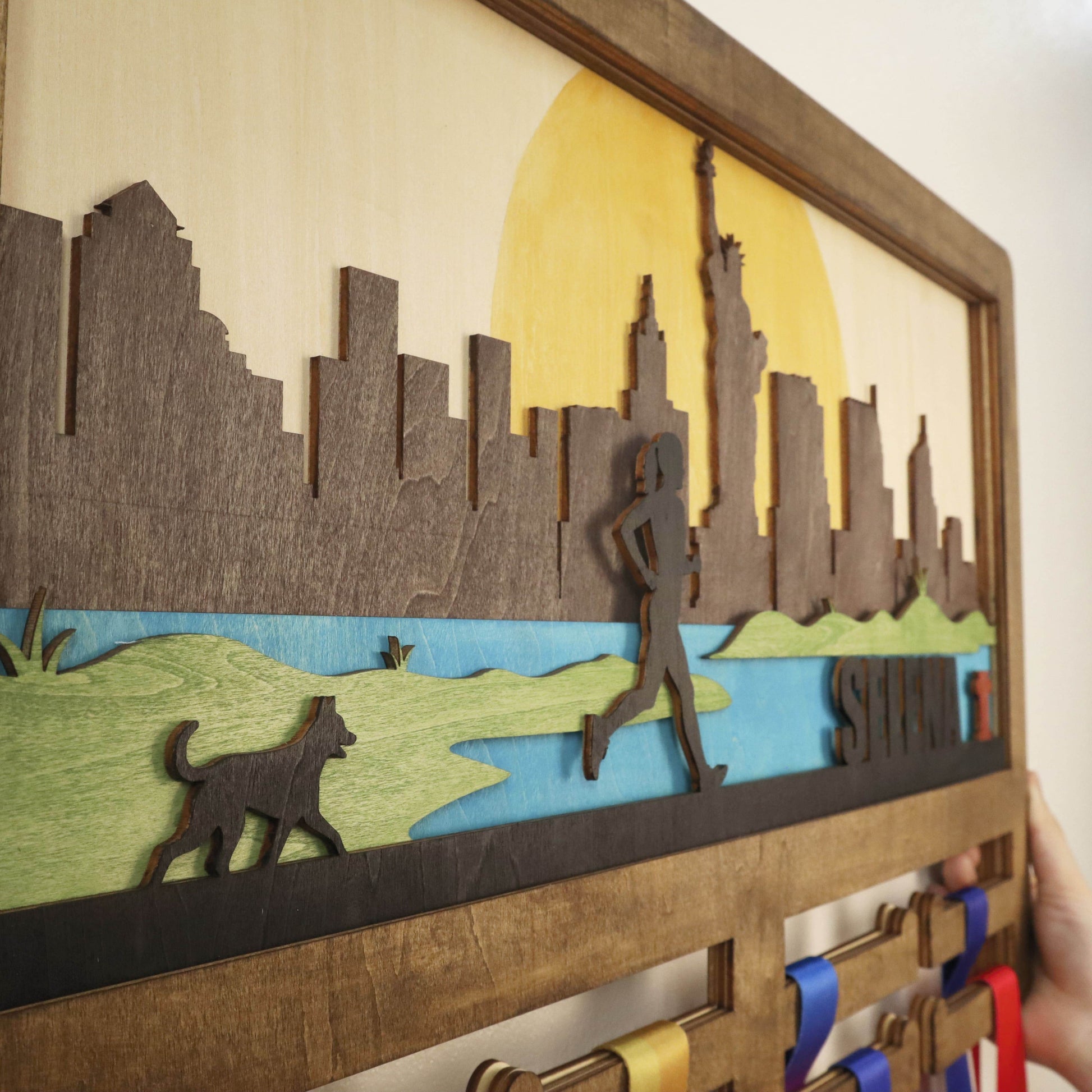 Wooden medal hanger Runner with dog – Custom Wooden Hanger , ChampionHanger running gifts - Champion Hanger