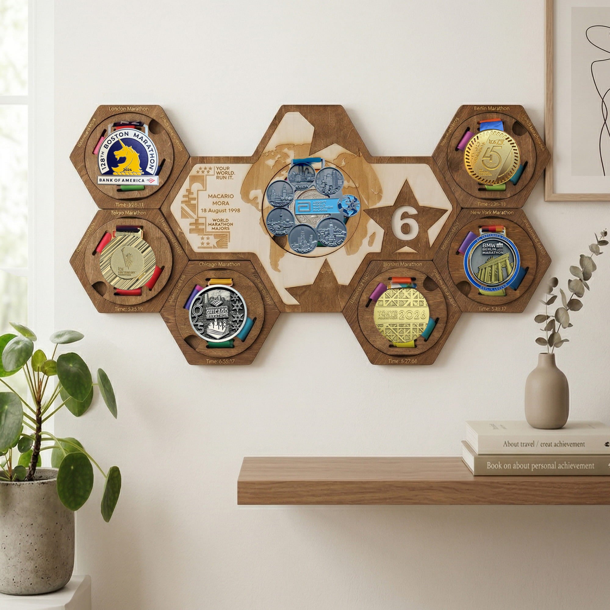 World Marathon Majors Six Star Finisher Hexagon Wooden Medal Hanger