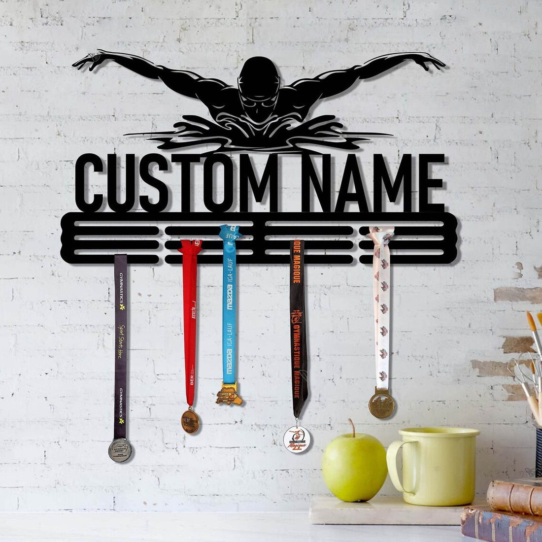 Personalized Swimming Medal Rack, Custom Holder for Ribbons & Awards, Butterfly Stroke Swimmer Gift - Champion Hanger