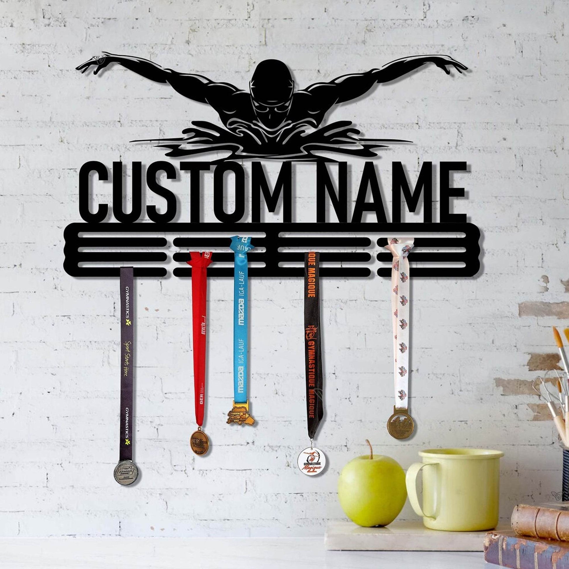 Personalized Swimming Medal Rack, Custom Holder for Ribbons & Awards, Butterfly Stroke Swimmer Gift - Champion Hanger
