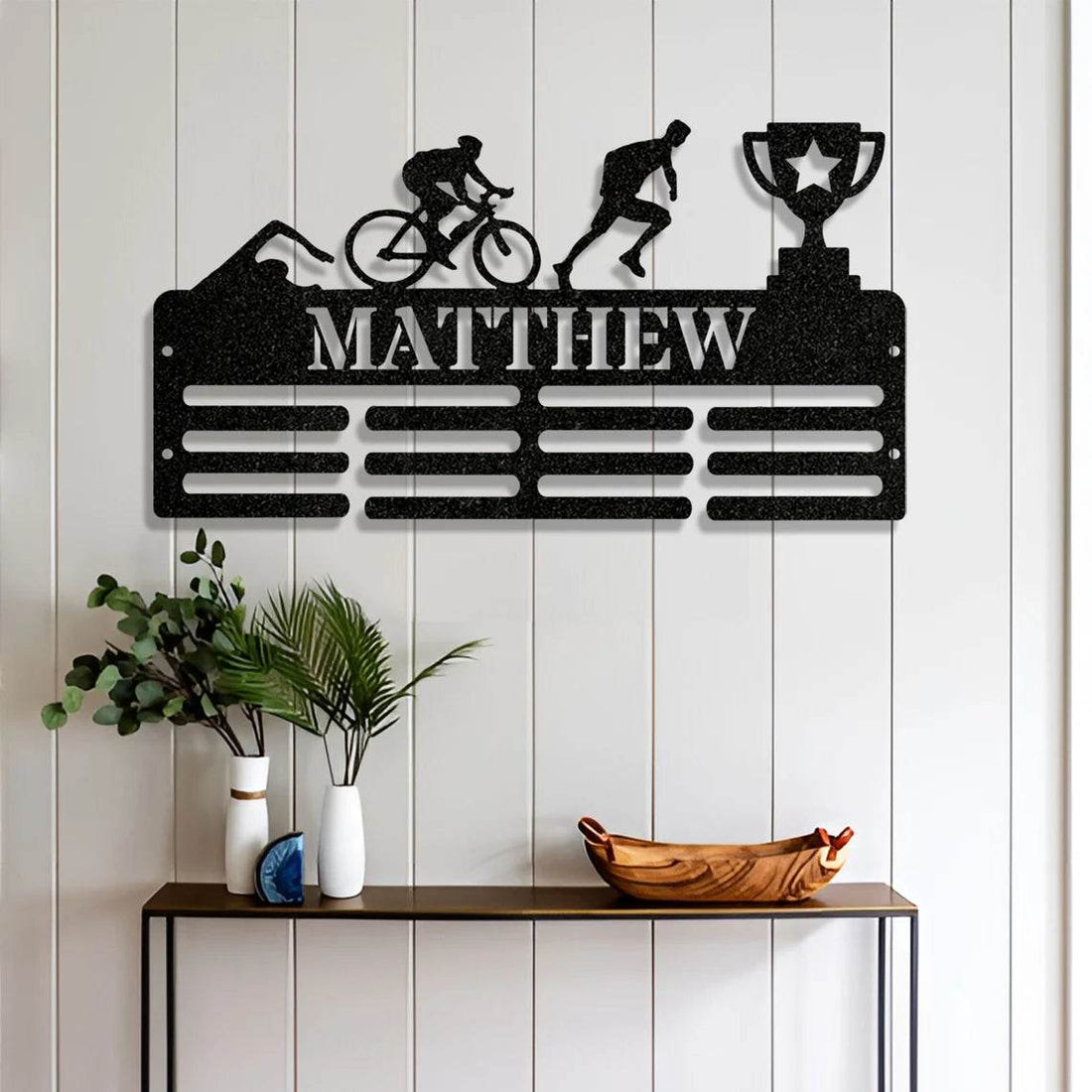 Personalized Triathlon Medal Hanger, Wall-Mounted Rack for Swimming, Cycling & Running Awards, Custom Name Sports Display - Champion Hanger