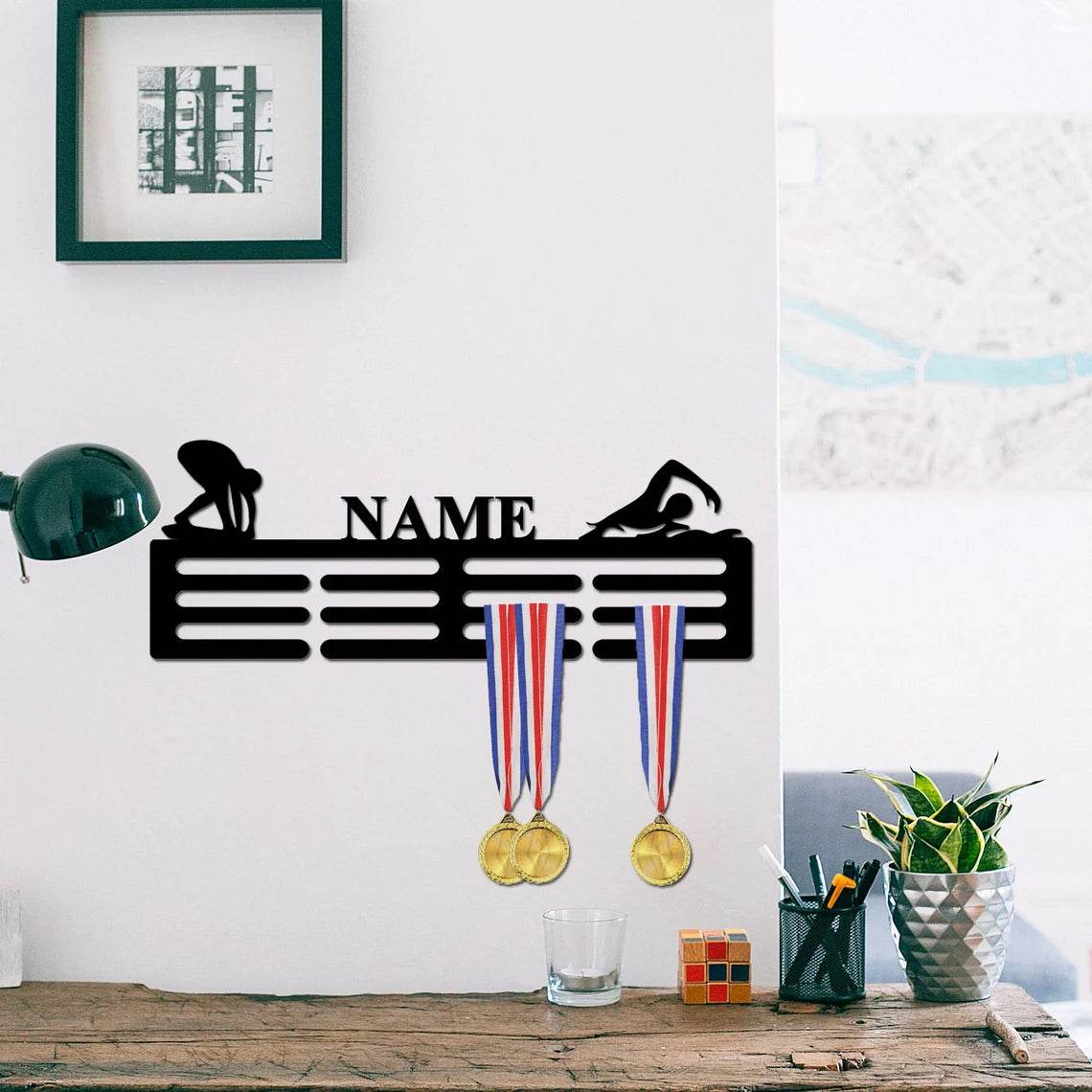 Swimming Medal Holder, Custom Rack for Swimmer Awards & Ribbons, Custom Gift for Swimmer - Champion Hanger