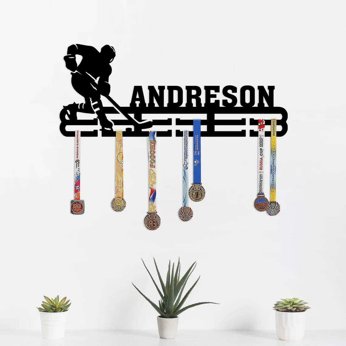 Personalized Hockey Medal Hanger, Custom Metal Hanger, Sports Medal Display Awards Rack - Champion Hanger