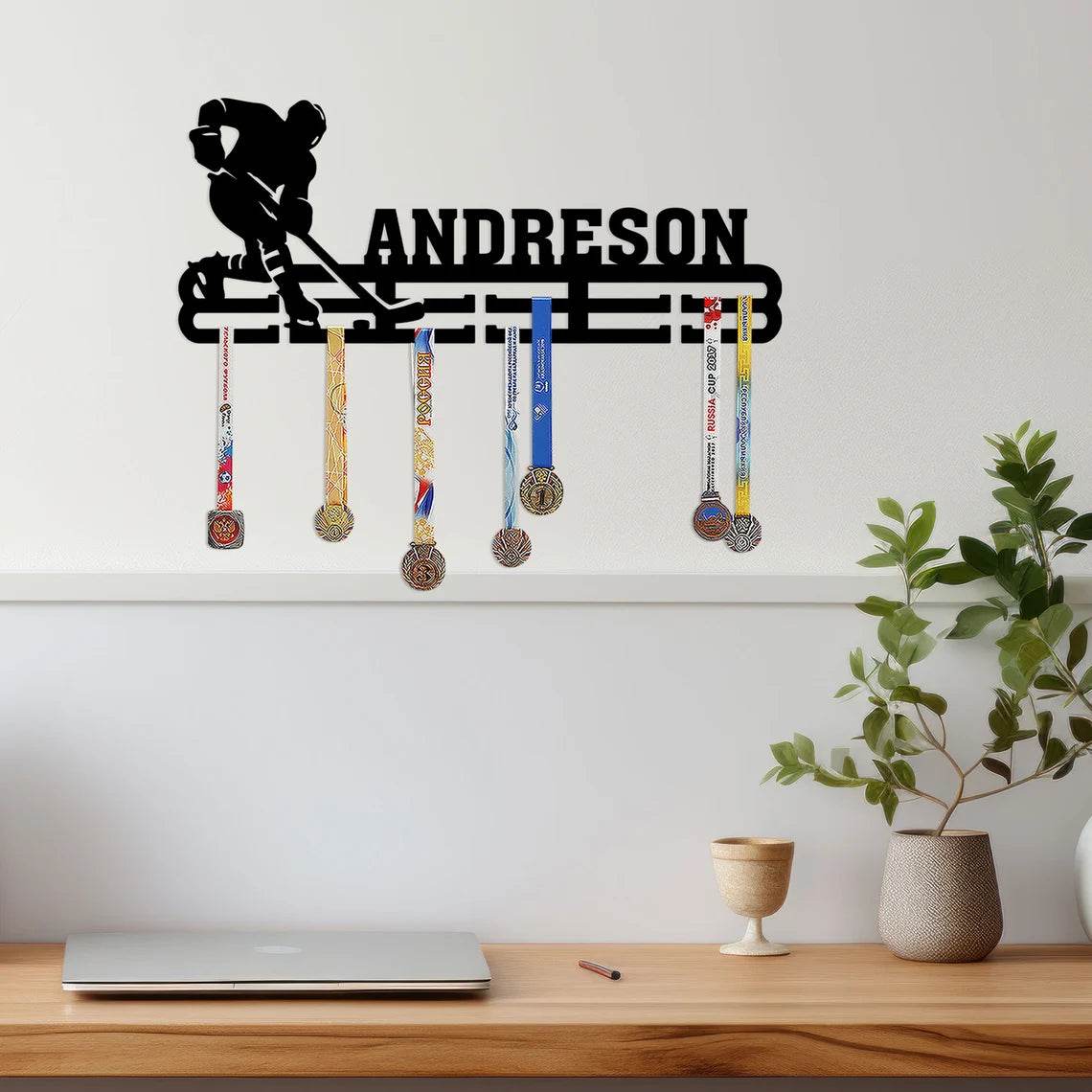Personalized Hockey Medal Hanger, Custom Metal Hanger, Sports Medal Display Awards Rack - Champion Hanger