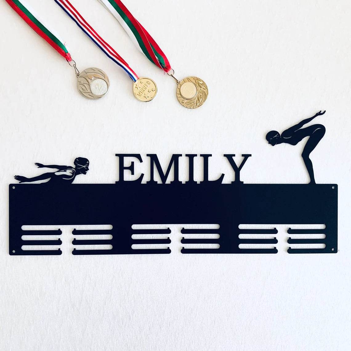 Swimming Medal Rack, Personalized Name Display with Female Swimmer Design, Award & Ribbon Hanger - Champion Hanger