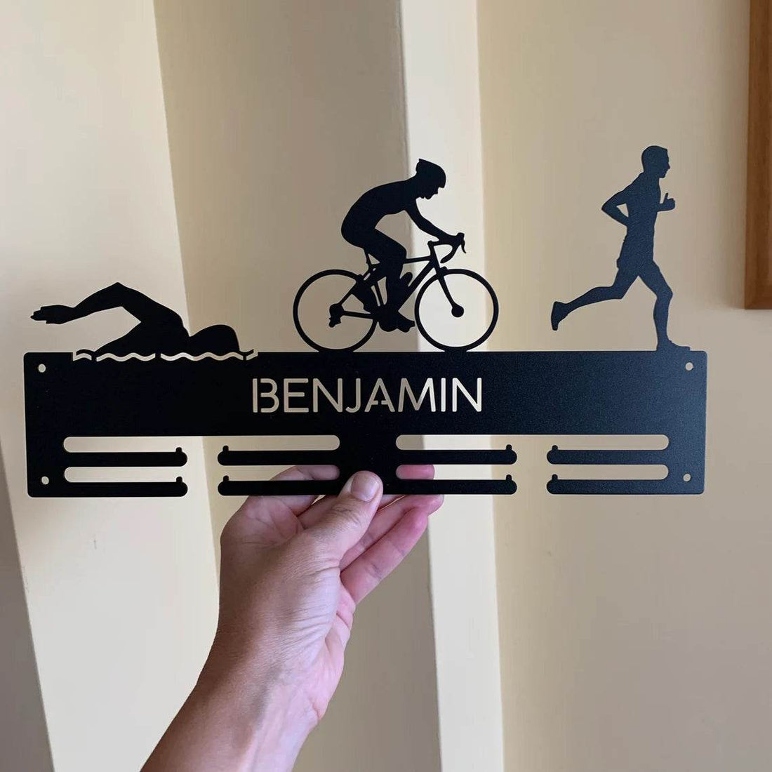Personalized Triathlon Medal Holder, Custom Name Metal Rack for Swim, Bike & Run, Triathlete Sports Award Display - Champion Hanger