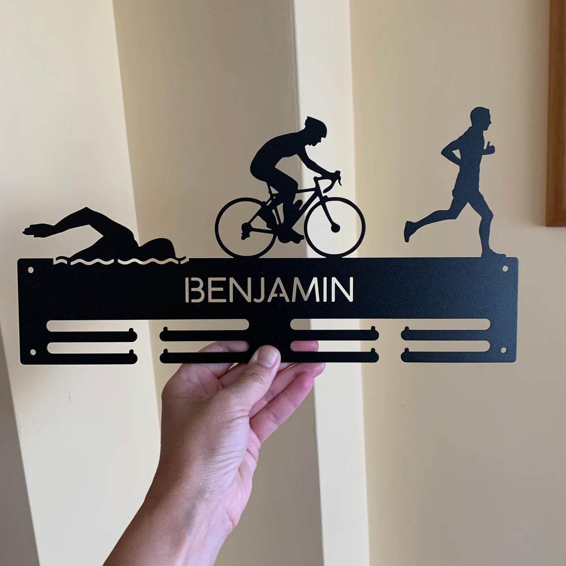 Personalized Triathlon Medal Holder, Custom Name Metal Rack for Swim, Bike & Run, Triathlete Sports Award Display - Champion Hanger