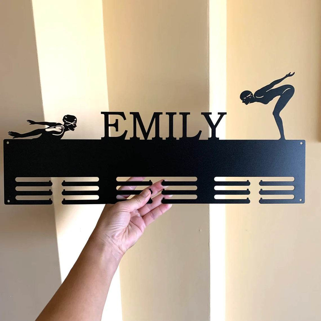 Swimming Medal Rack, Personalized Name Display with Female Swimmer Design, Award & Ribbon Hanger - Champion Hanger