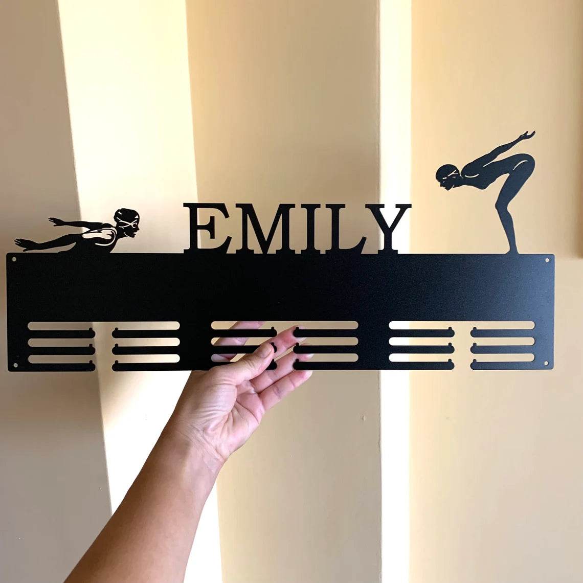 Swimming Medal Rack, Personalized Name Display with Female Swimmer Design, Award & Ribbon Hanger - Champion Hanger