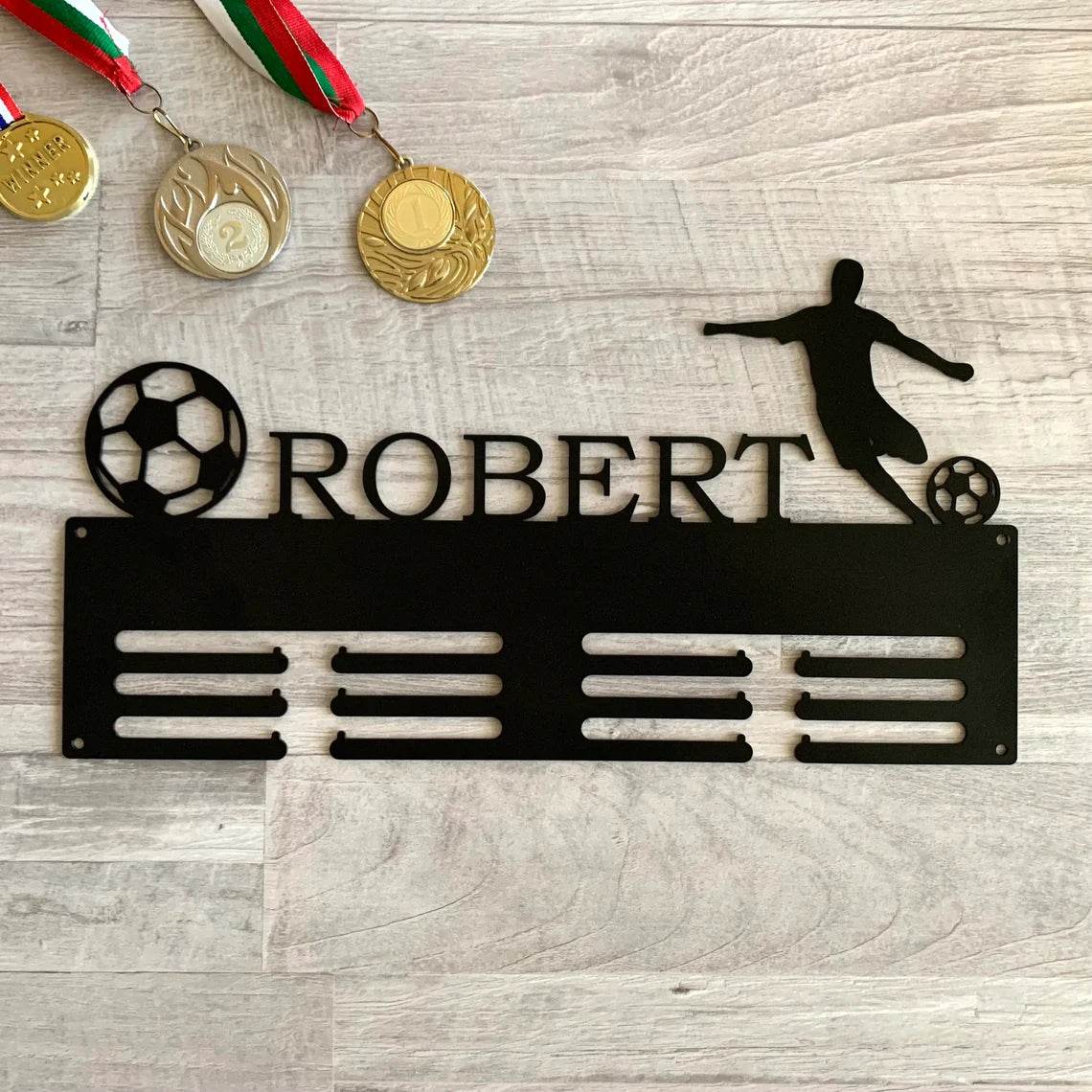 Custom Soccer Medal Hanger – Personalized Football Award Rack, Metal Display with Name or Text - Champion Hanger