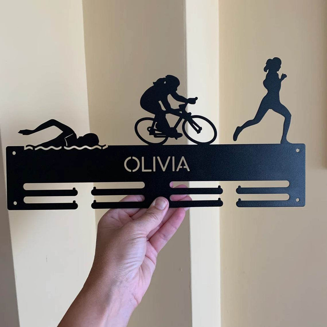Personalized Triathlon Medal Holder, Custom Name Metal Rack for Swim, Bike & Run, Triathlete Sports Award Display - Champion Hanger