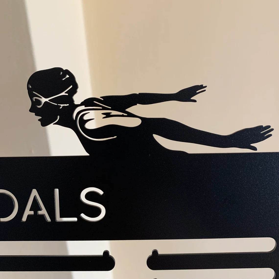 Swimming Medal Rack, Personalized Name Display with Female Swimmer Design, Award & Ribbon Hanger - Champion Hanger