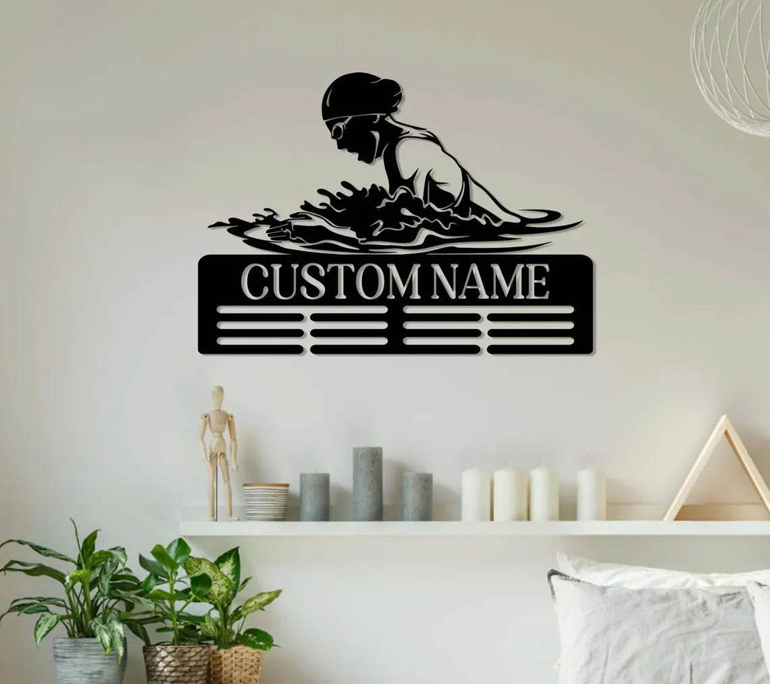 Swimming Medal Holder, Personalized Name Display Rack for Sports Awards & Ribbons, Custom Medal Hanger - Champion Hanger