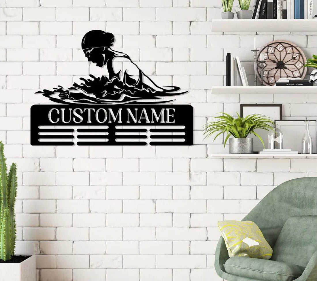 Swimming Medal Holder, Personalized Name Display Rack for Sports Awards & Ribbons, Custom Medal Hanger - Champion Hanger