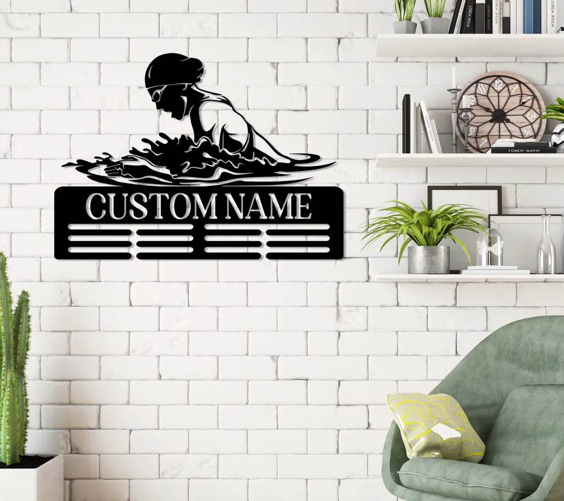 Swimming Medal Holder, Personalized Name Display Rack for Sports Awards & Ribbons, Custom Medal Hanger - Champion Hanger