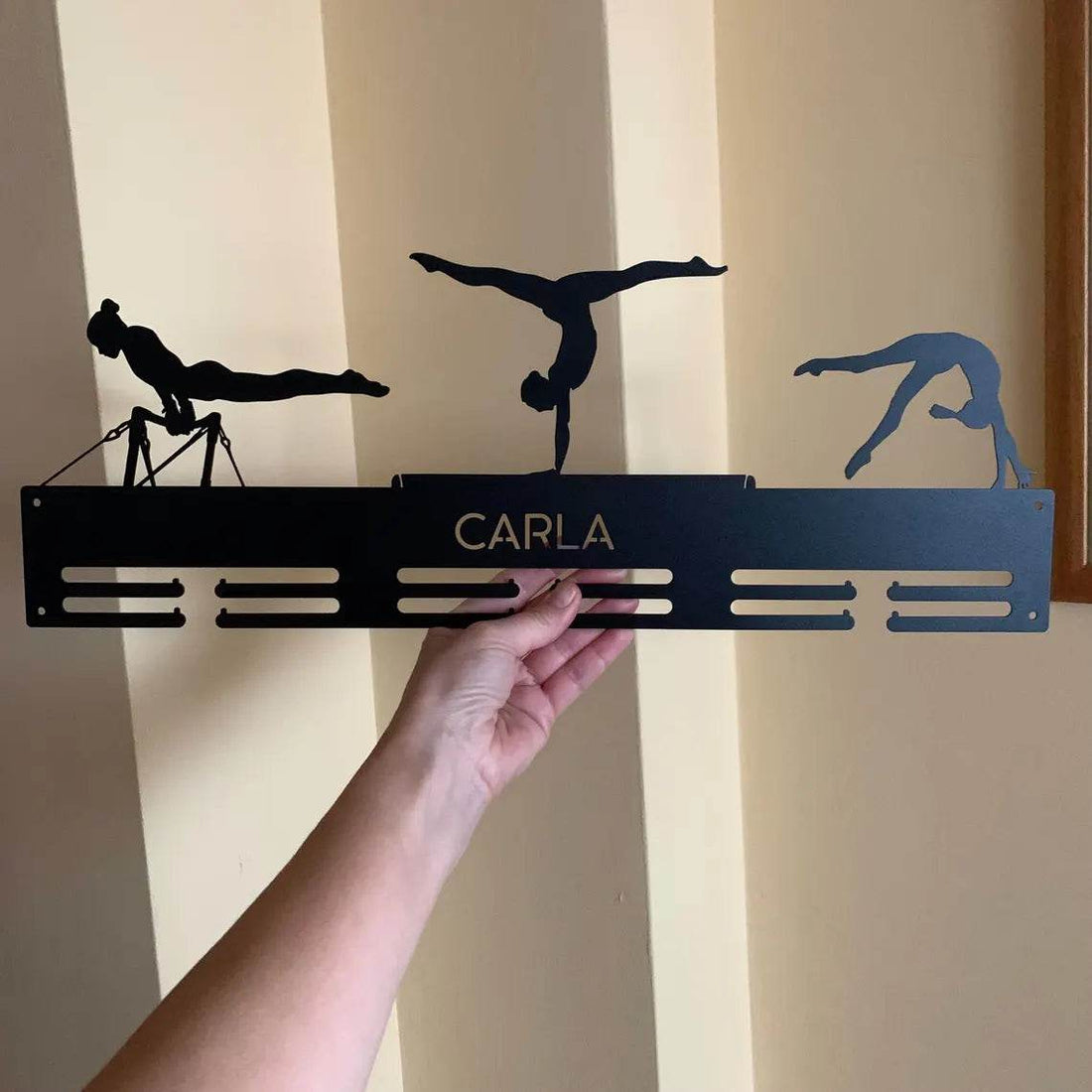 Gymnastics Medal Hanger, Custom Name Medal Display with 3 Female Figures: Uneven Bars, Beam, Floor Routine, Gift for Gymnasts - Champion Hanger