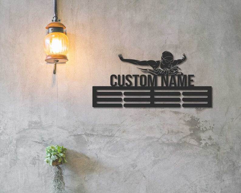 Swimming Medal Holder, Personalized Name Display Rack for Sports Awards & Ribbons, Custom Medal Hanger - Champion Hanger