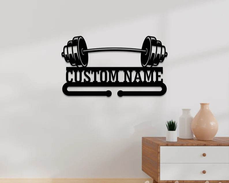 Personalized Powerlifting Medal Holder, Custom Name Metal, Dumbbell Wall Display for Gym Awards - Champion Hanger