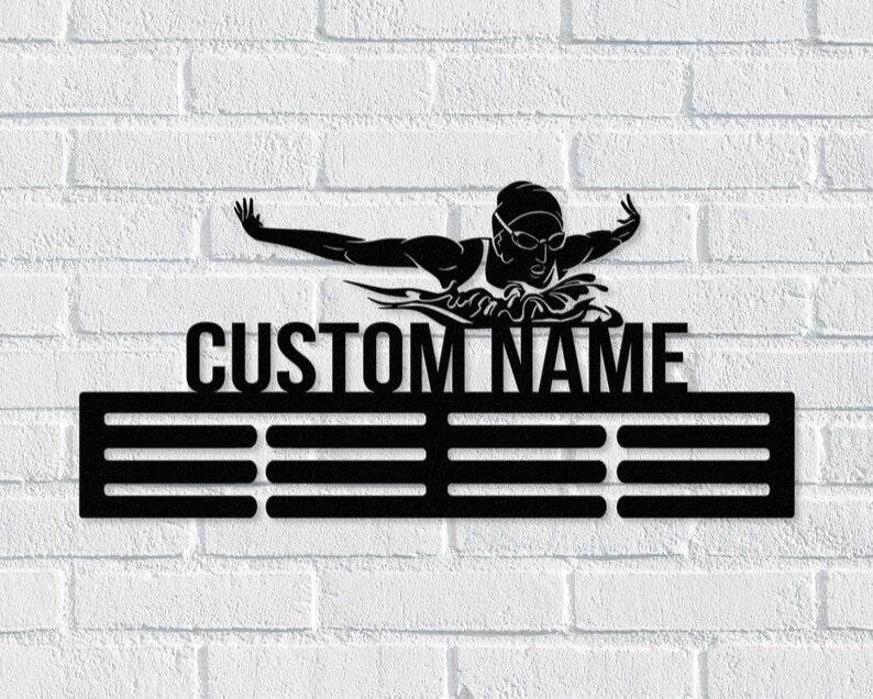 Swimming Medal Holder, Personalized Name Display Rack for Sports Awards & Ribbons, Custom Medal Hanger - Champion Hanger