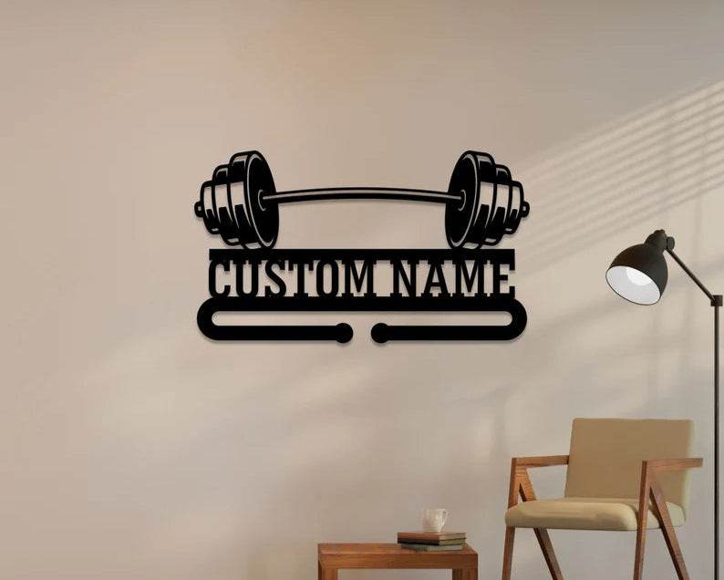 Personalized Powerlifting Medal Holder, Custom Name Metal, Dumbbell Wall Display for Gym Awards - Champion Hanger