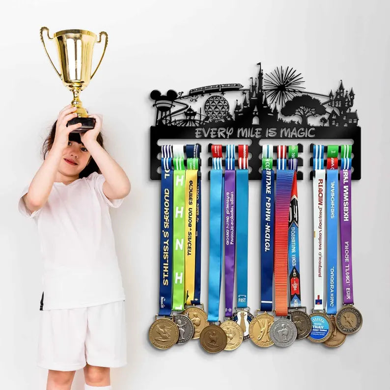 Personalized "Every Mile is Magic" Medal Hanger, Custom Name Display Rack for Running Medals & Athlete Gifts 3