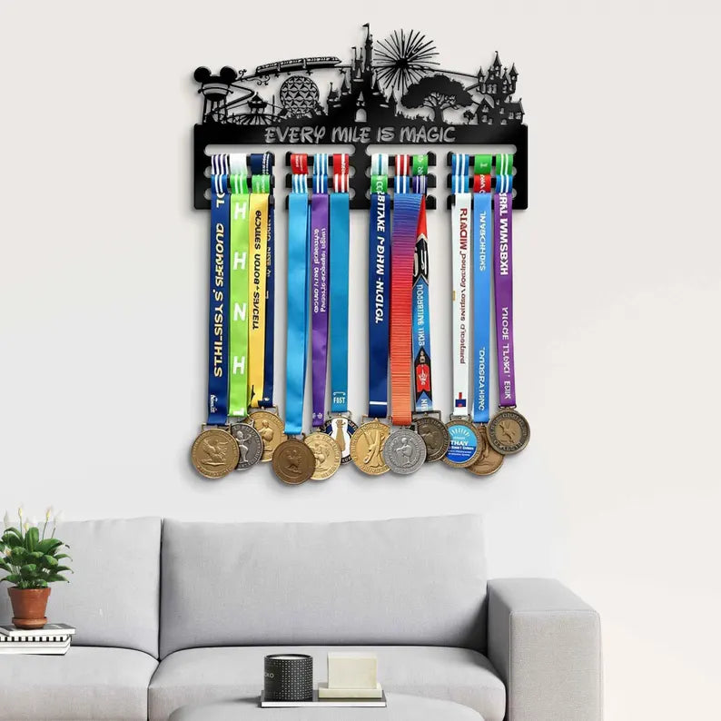 Personalized "Every Mile is Magic" Medal Hanger, Custom Name Display Rack for Running Medals & Athlete Gifts 1