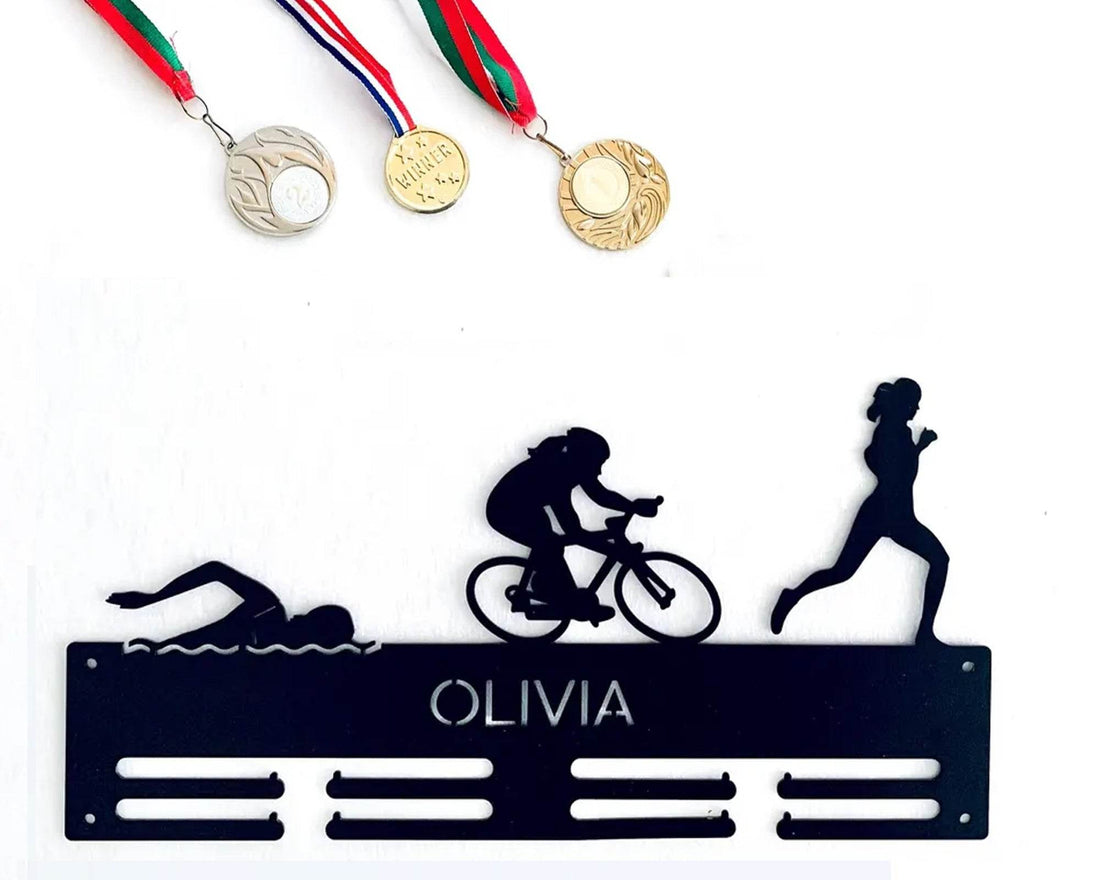 Personalized Triathlon Medal Holder, Custom Name Metal Rack for Swim, Bike & Run, Triathlete Sports Award Display - Champion Hanger