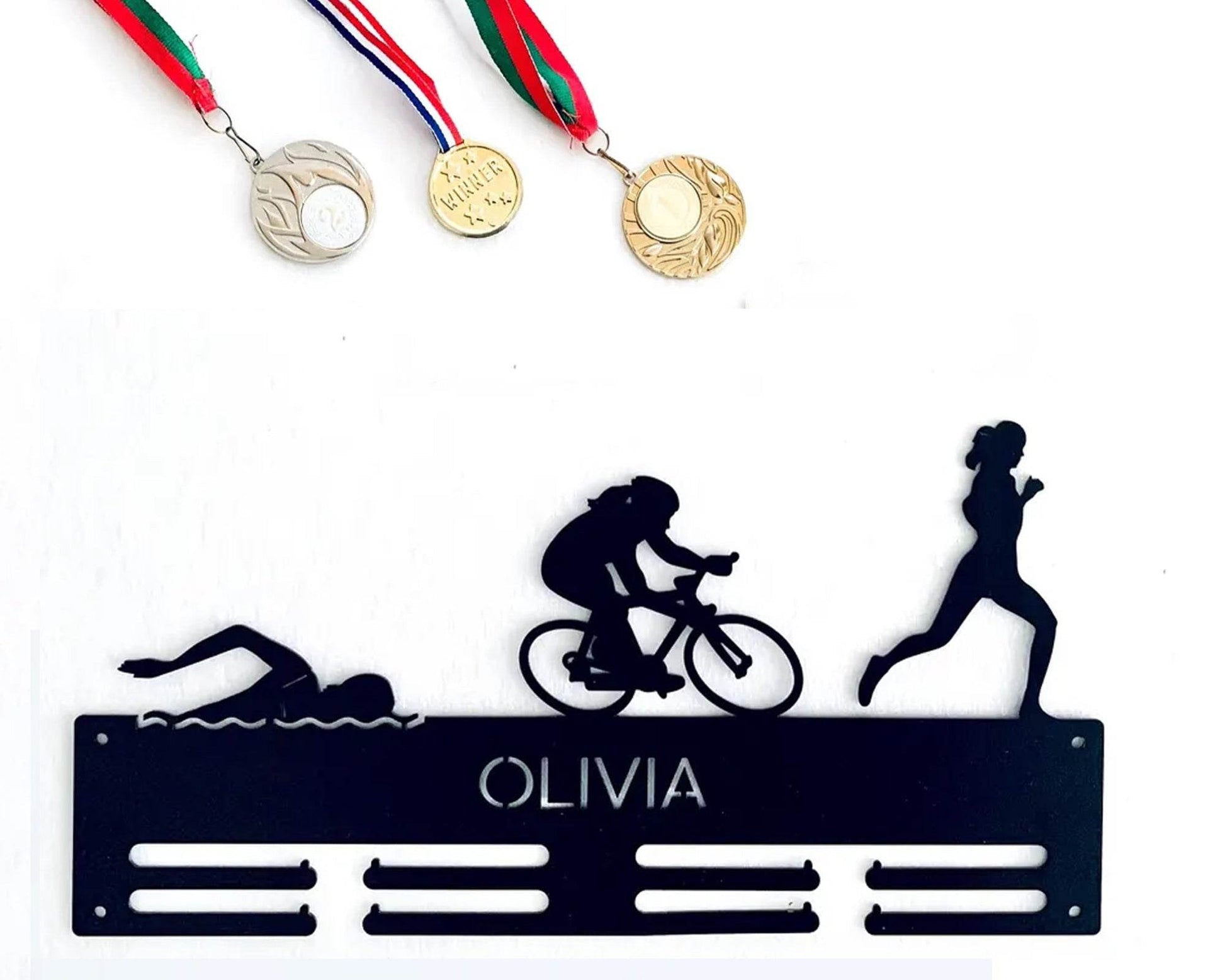 Personalized Triathlon Medal Holder, Custom Name Metal Rack for Swim, Bike & Run, Triathlete Sports Award Display - Champion Hanger