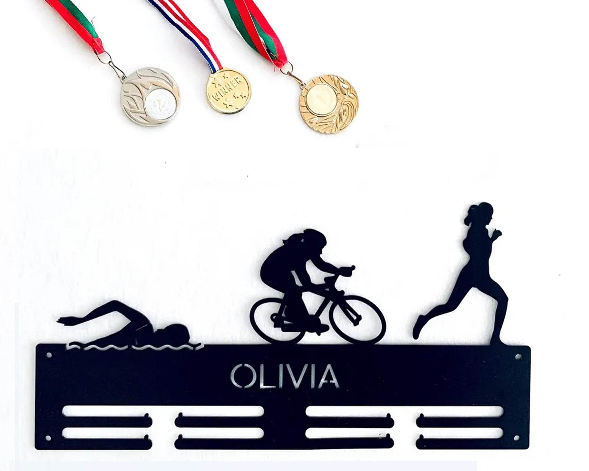 Personalized Triathlon Medal Holder, Custom Name Metal Rack for Swim, Bike & Run, Triathlete Sports Award Display - Champion Hanger