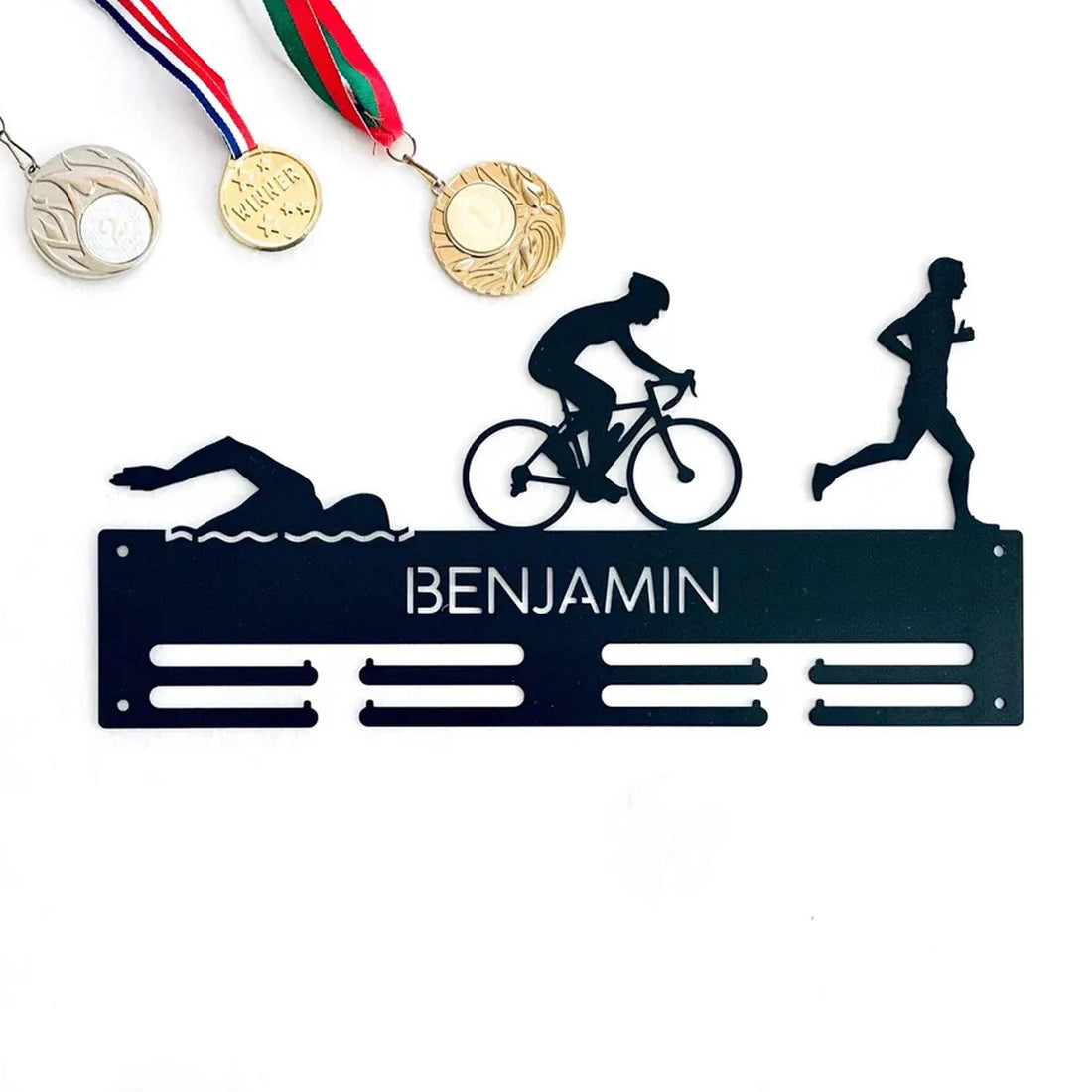 Personalized Triathlon Medal Holder, Custom Name Metal Rack for Swim, Bike & Run, Triathlete Sports Award Display - Champion Hanger